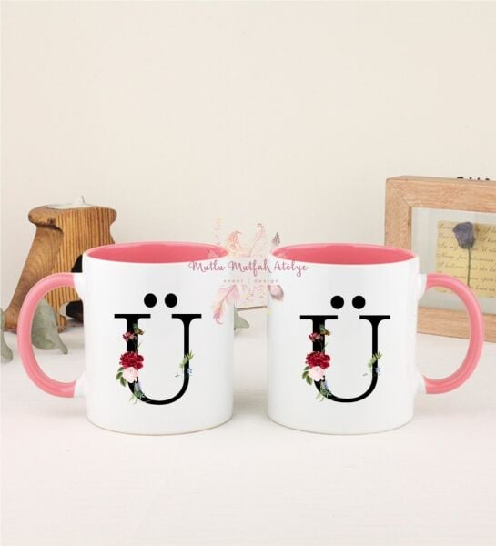 Ü Harfi Çiçek Desenli İkili Pembe Kupa Bardak