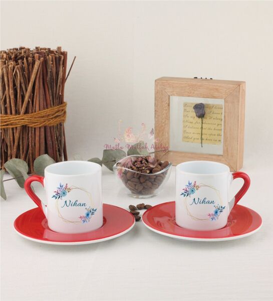 Kişiye Özel Anneler Günü İsimli İkili Kırmızılı Türk Kahvesi Fincanı
