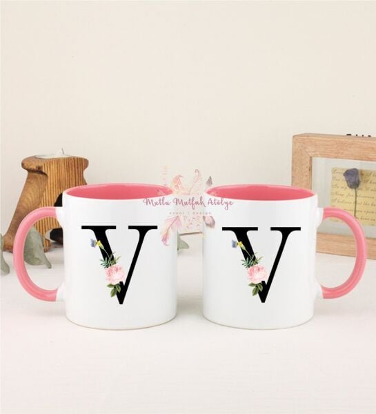 V Harfi Çiçek Desenli İkili Pembe Kupa Bardak