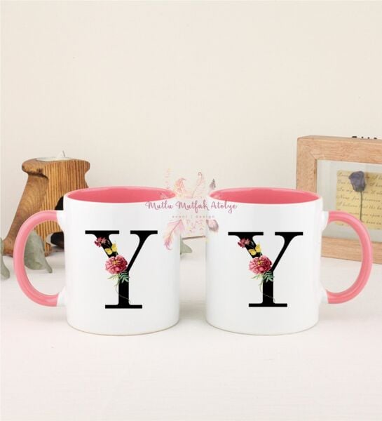 Y Harfi Çiçek Desenli İkili Pembe Kupa Bardak