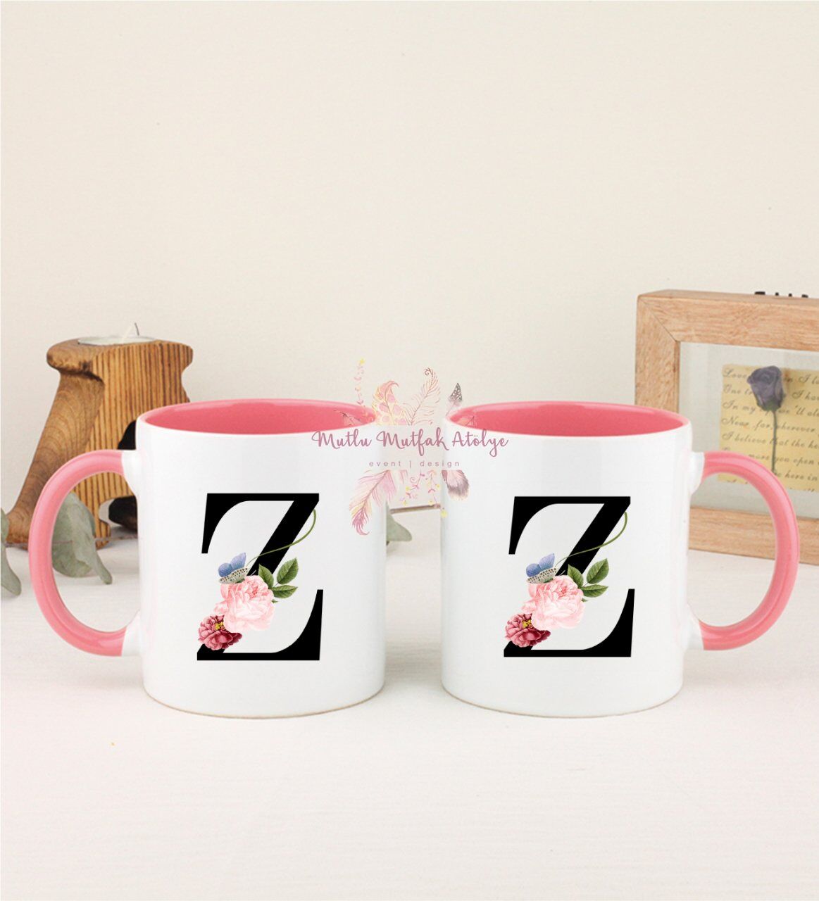 Z Harfi Çiçek Desenli İkili Pembe Kupa Bardak