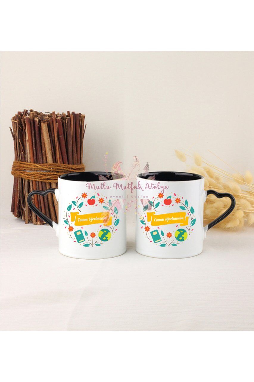 Öğretmenler Günü Hediyesi  İkili Siyah Kalpli Kupa Bardak