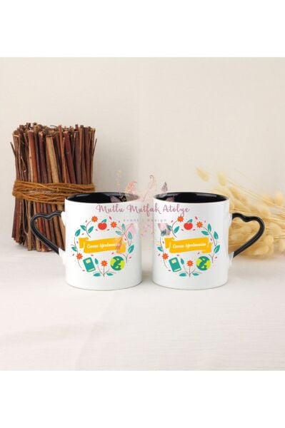 Öğretmenler Günü Hediyesi  İkili Siyah Kalpli Kupa Bardak