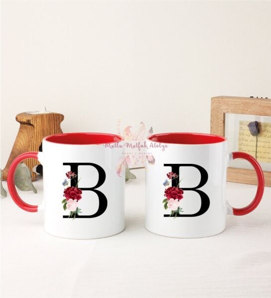 B Harfi Çiçek Desenliİkili Kırmızı Kupa Bardak