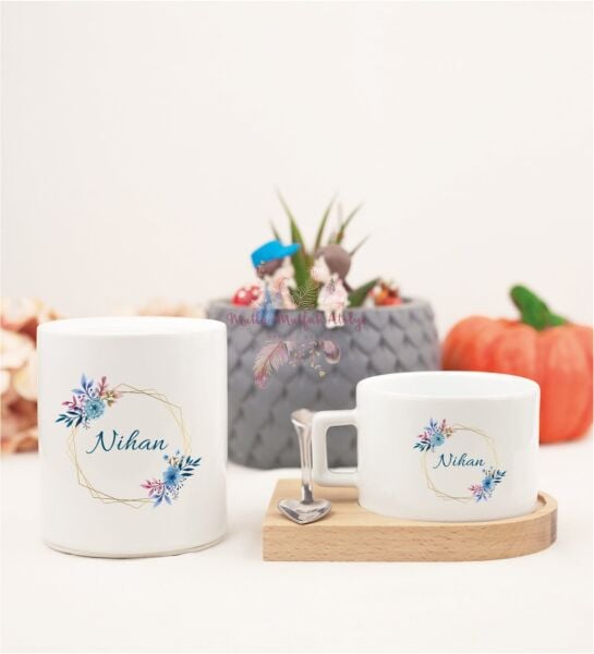 Kişiye Özel Anneler Günü İsimli Ahşap Altlıklı Fincan ve Kumbara