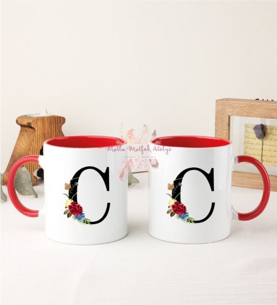 C Harfi Çiçek Desenliİkili Kırmızı Kupa Bardak