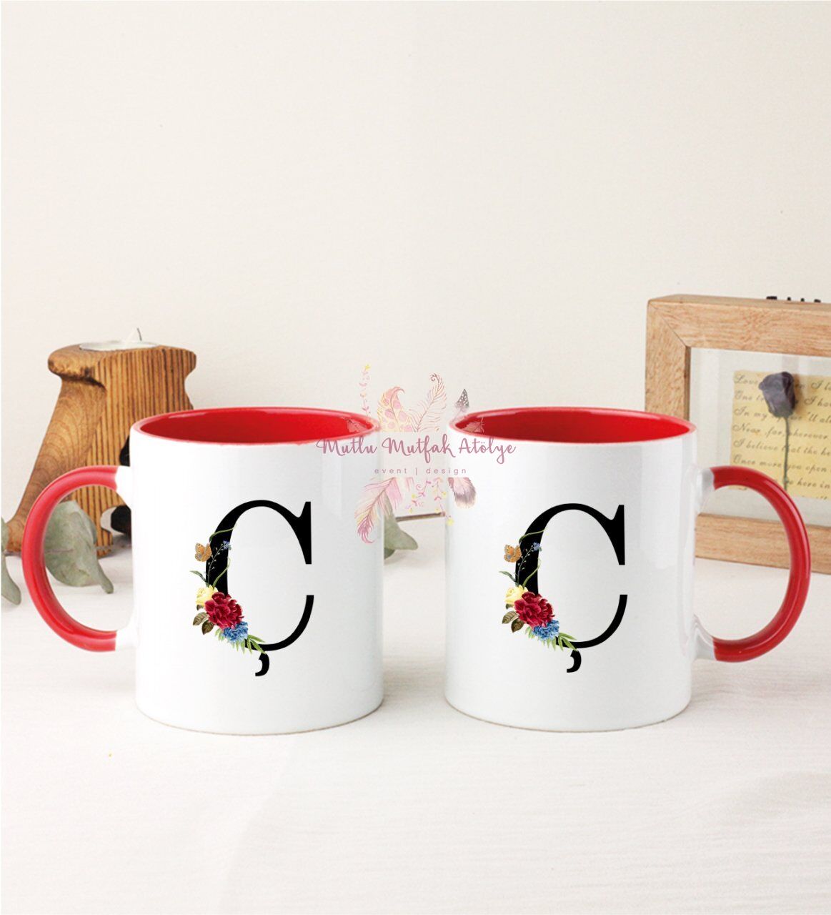 Ç Harfi Çiçek Desenli İkili Kırmızı Kupa Bardak