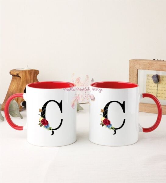 Ç Harfi Çiçek Desenli İkili Kırmızı Kupa Bardak