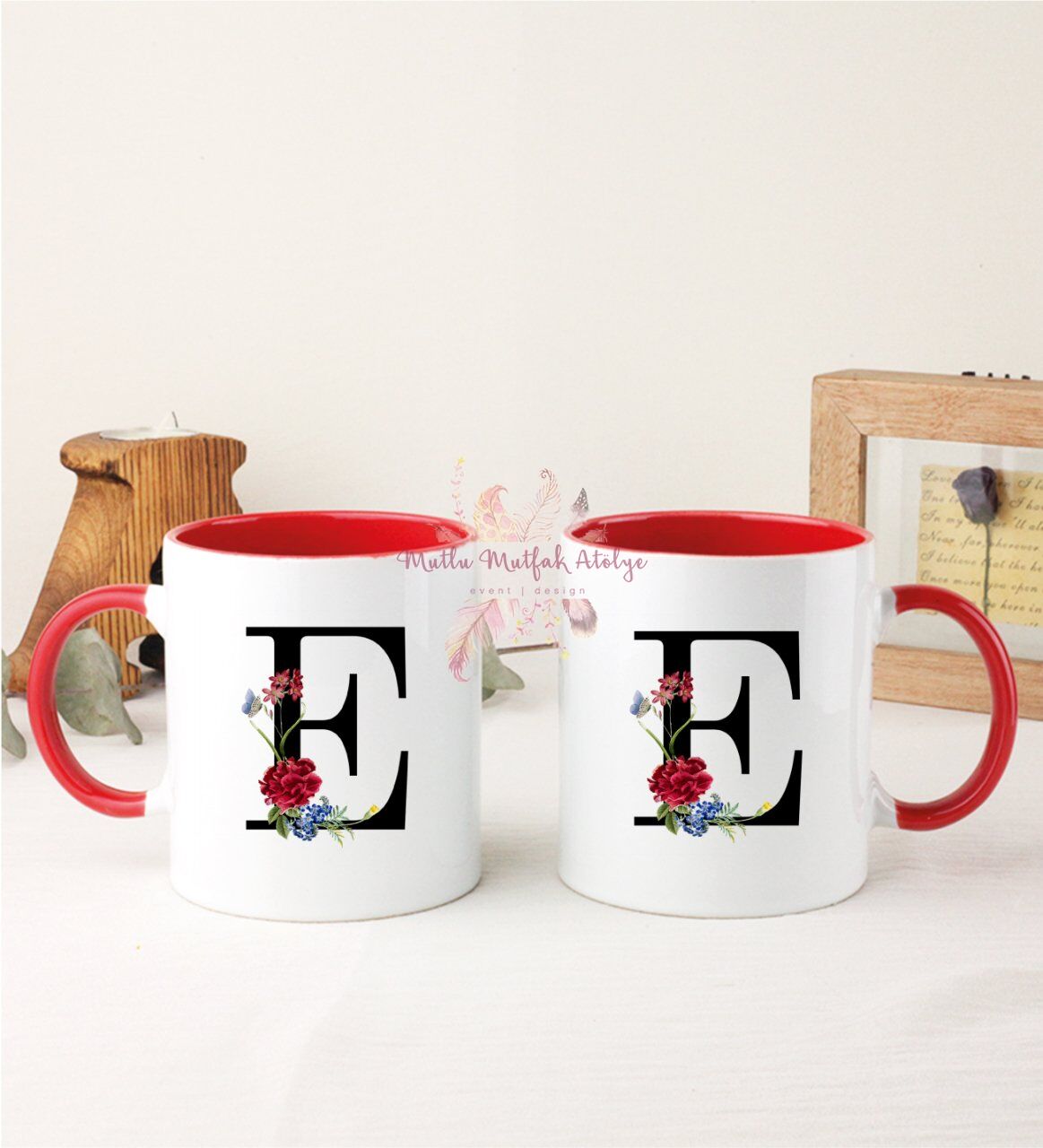 E Harfi Çiçek Desenli İkili Kırmızı Kupa Bardak