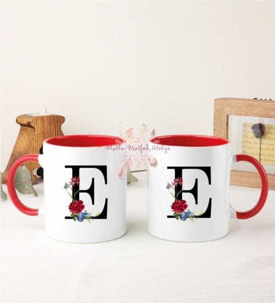 E Harfi Çiçek Desenli İkili Kırmızı Kupa Bardak