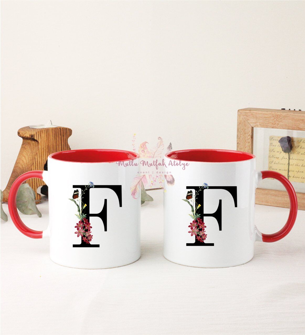 F Harfi Çiçek Desenli İkili Kırmızı Kupa Bardak