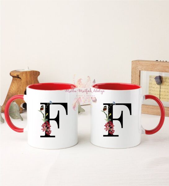 F Harfi Çiçek Desenli İkili Kırmızı Kupa Bardak