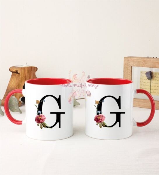 F Harfi Çiçek Desenli İkili Kırmızı Kupa Bardak