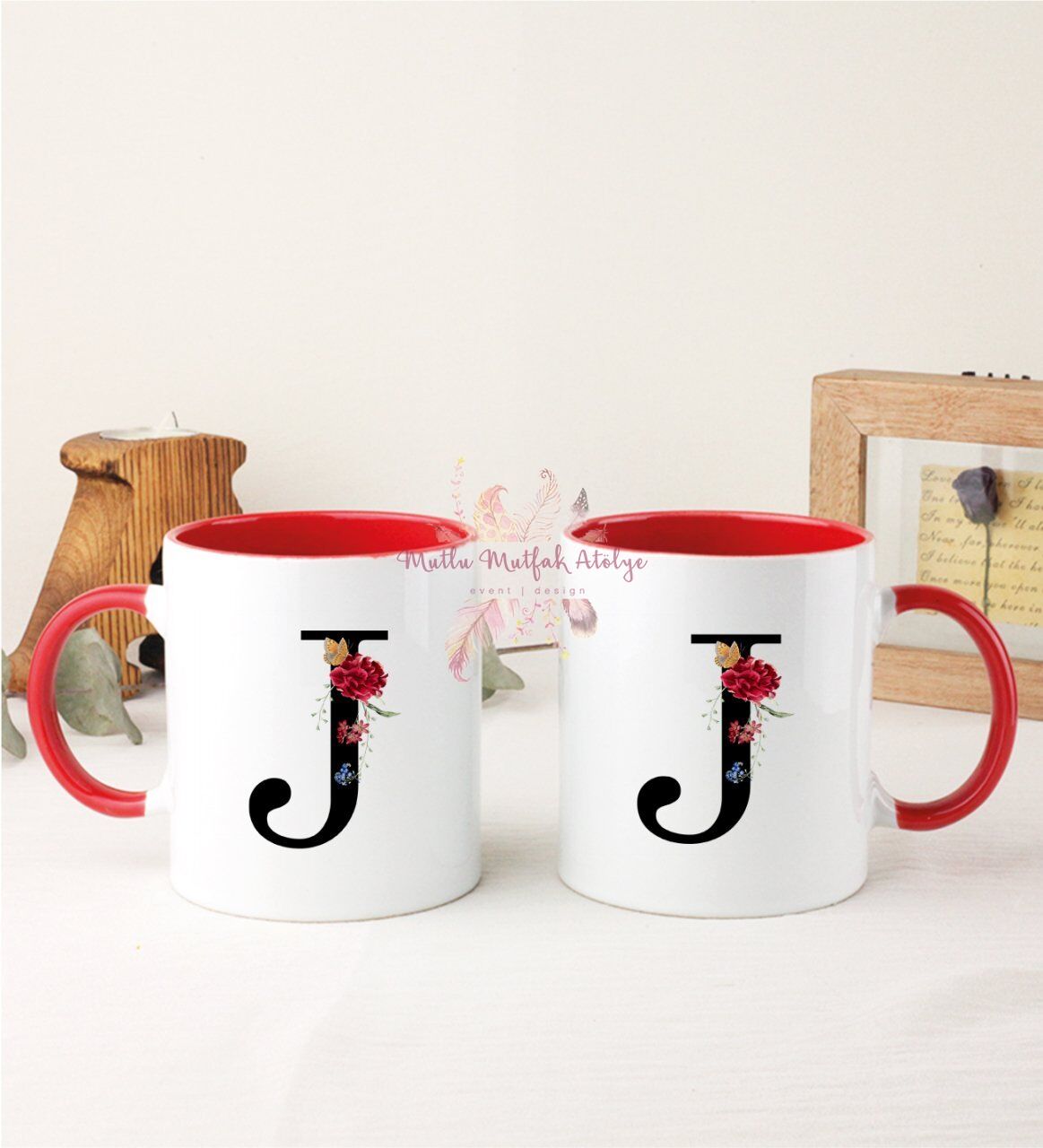 J Harfi Çiçek Desenli İkili Kırmızı Kupa Bardak