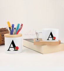 Ahşap Altlıklı Fincan ve Kalemlik Seti A Harfi