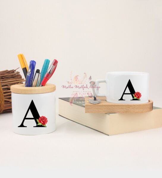 Ahşap Altlıklı Fincan ve Kalemlik Seti A Harfi