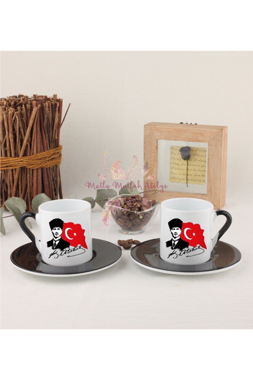 Öğretmenler Günü Hediyesi Atatürk  İkili Siyahlı Türk Kahvesi Fincanı