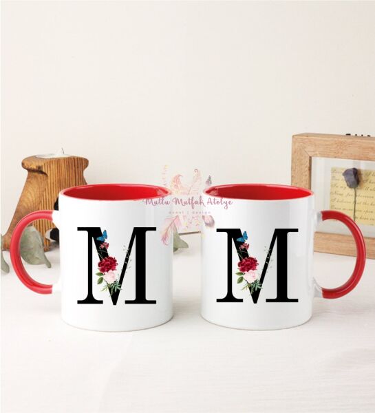 M Harfi Çiçek Desenli İkili Kırmızı Kupa Bardak