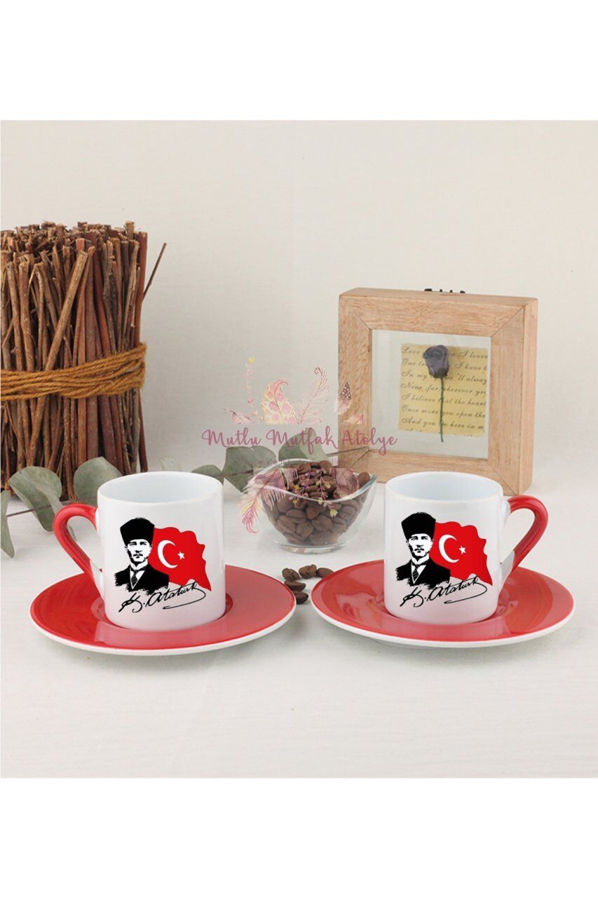 Öğretmenler Günü Hediyesi Atatürk  İkili Kırmızılı Türk Kahvesi Fincanı