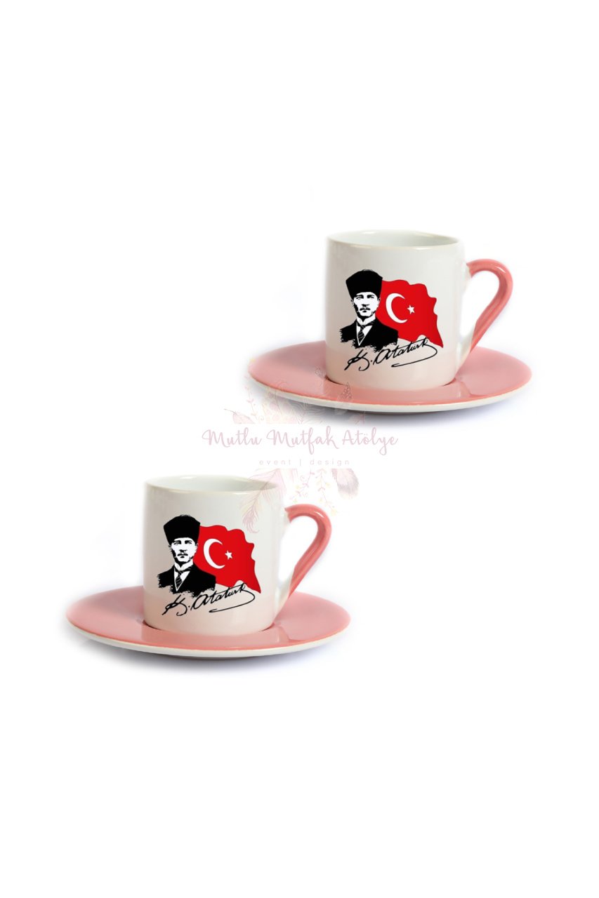 Öğretmenler Günü Hediyesi Atatürk  İkili Pembe Türk Kahvesi Fincanı
