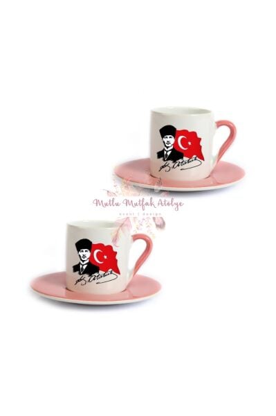 Öğretmenler Günü Hediyesi Atatürk  İkili Pembe Türk Kahvesi Fincanı