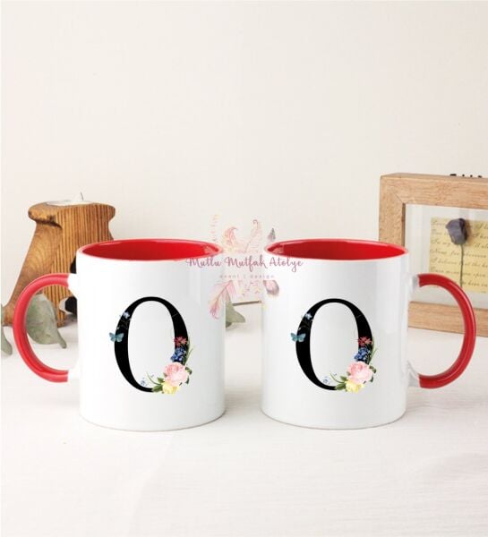 O Harfi Çiçek Desenli İkili Kırmızı Kupa Bardak