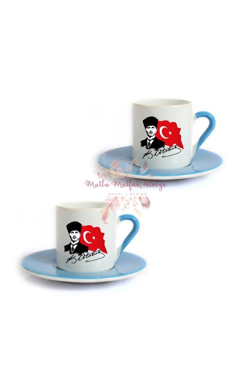 Öğretmenler Günü Hediyesi Atatürk  İkili Mavi Türk Kahvesi Fincanı