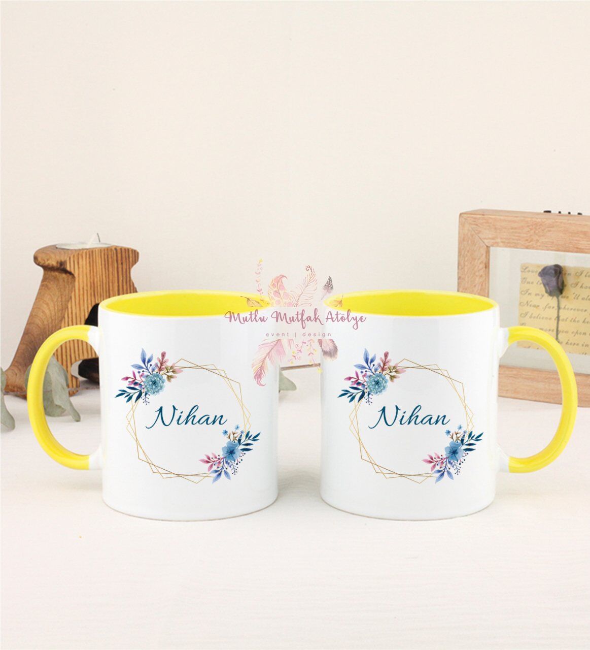 Kişiye Özel Anneler Günü İsimli İkili Sarı Kupa Bardak