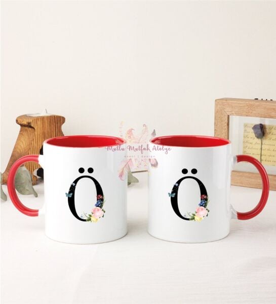 Ö Harfi Çiçek Desenli İkili Kırmızı Kupa Bardak