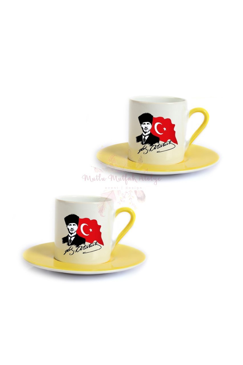 Öğretmenler Günü Hediyesi Atatürk  İkili Sarı Türk Kahvesi Fincanı
