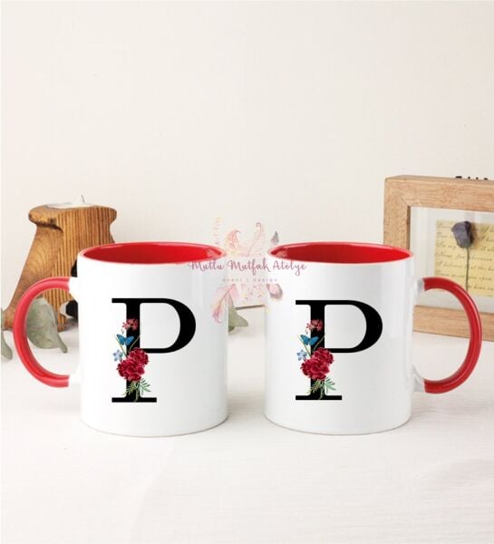 P Harfi Çiçek Desenli İkili Kırmızı Kupa Bardak