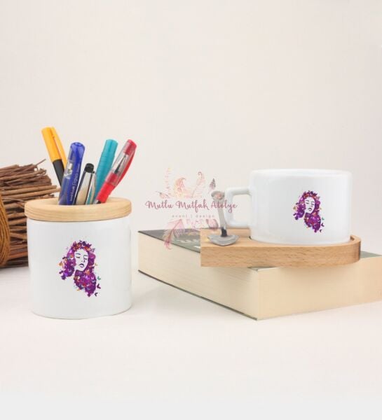 Kadın Figürlü Ahşap Altlıklı Fincan ve Kalemlik Seti