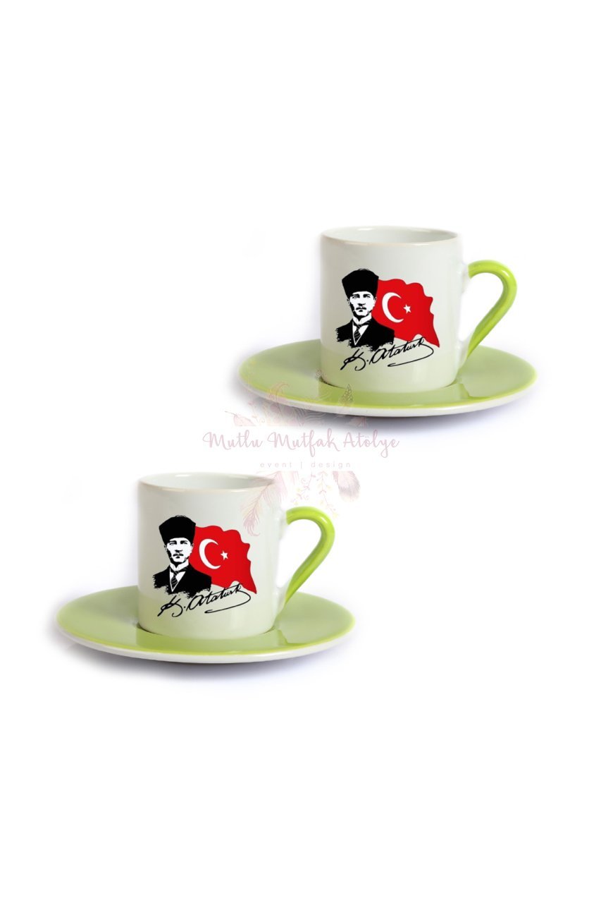 Öğretmenler Günü Hediyesi Atatürk  İkili Yeşil Türk Kahvesi Fincanı
