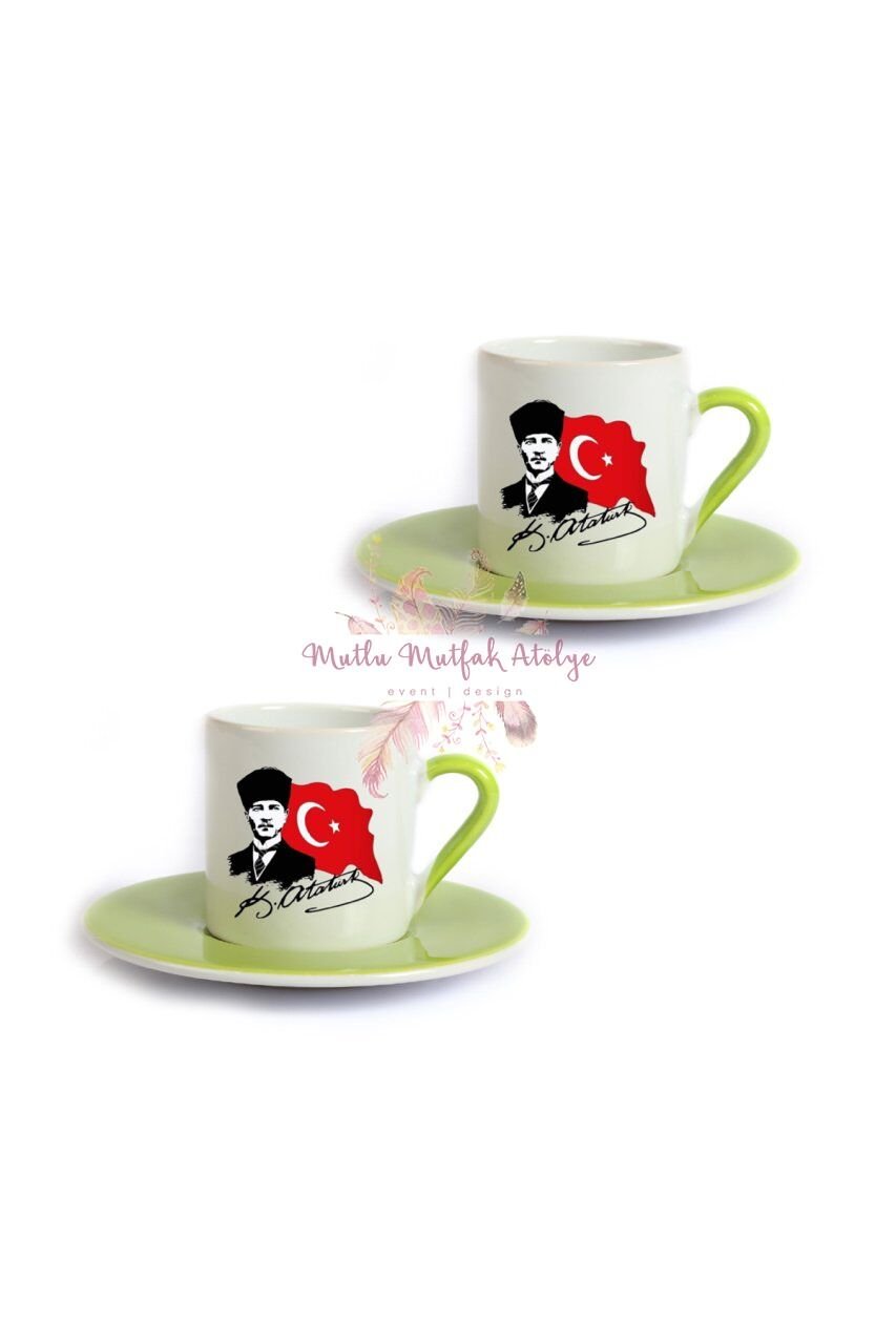 Öğretmenler Günü Hediyesi Atatürk  İkili Yeşil Türk Kahvesi Fincanı