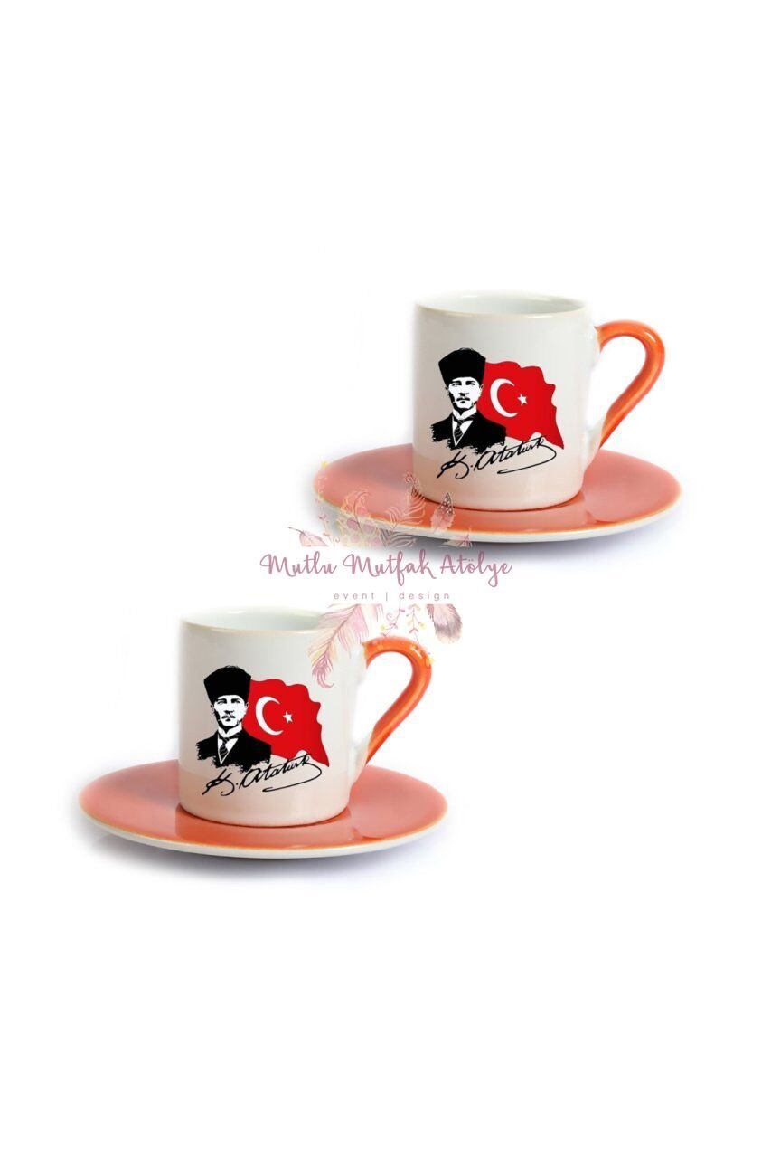Öğretmenler Günü Hediyesi Atatürk  İkili Turuncu Türk Kahvesi Fincanı