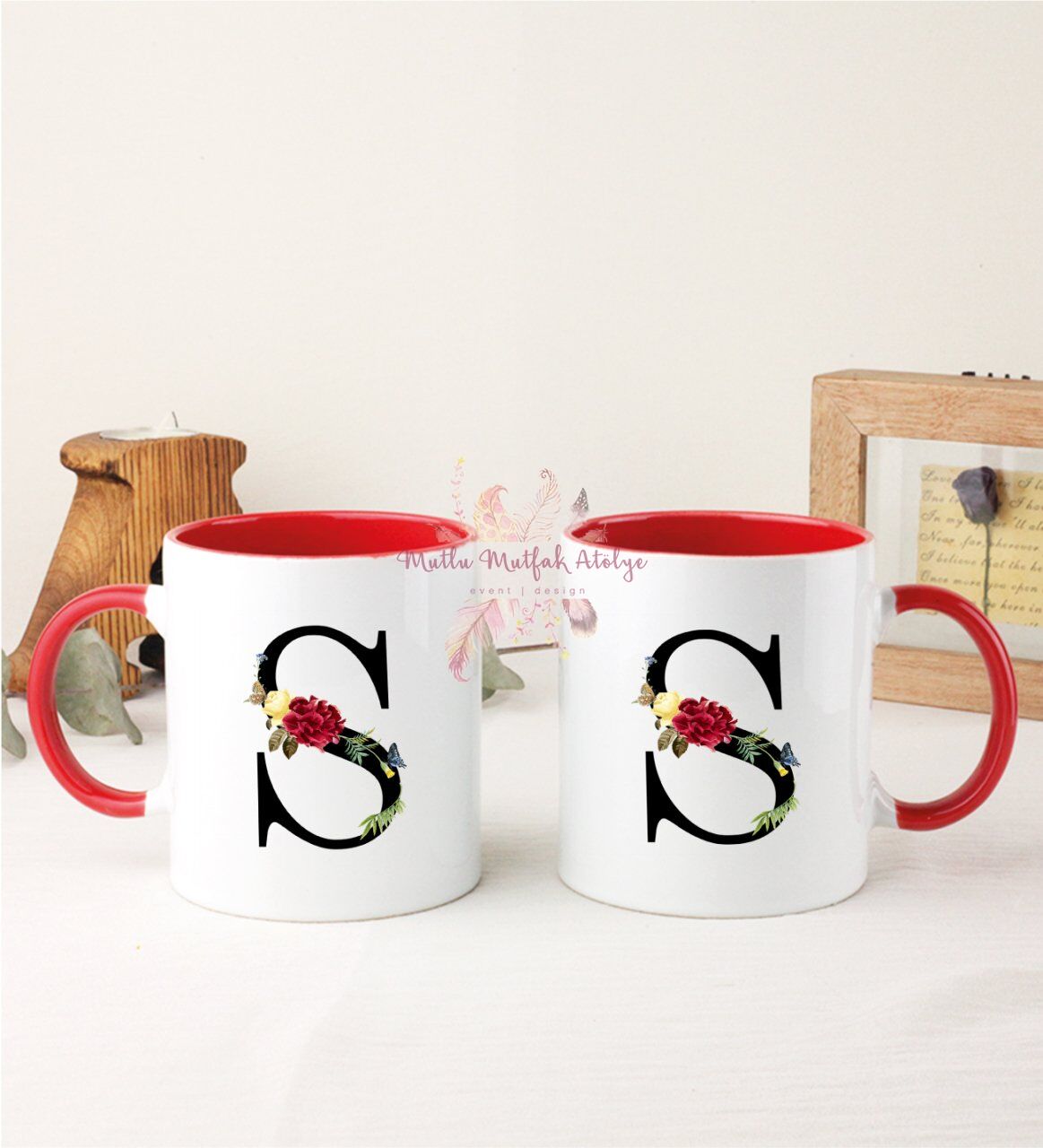 S Harfi Çiçek Desenli İkili Kırmızı Kupa Bardak