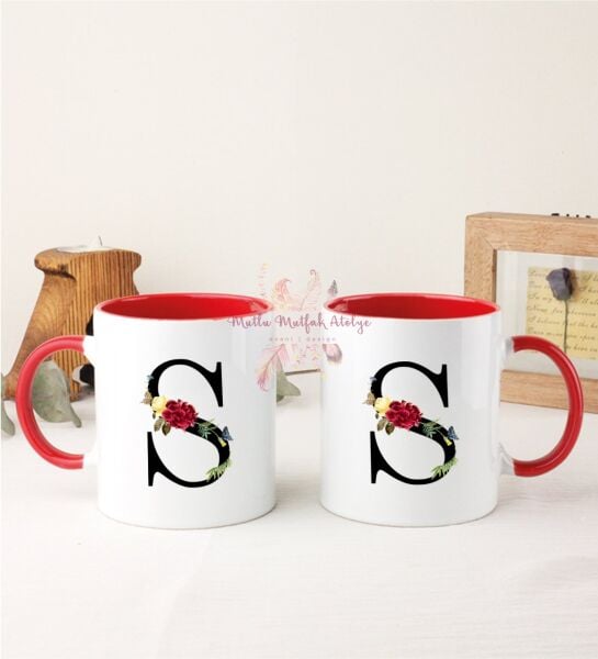 S Harfi Çiçek Desenli İkili Kırmızı Kupa Bardak