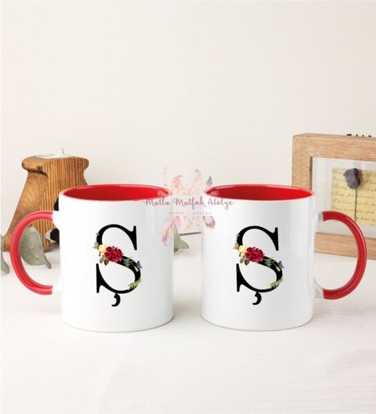 Ş Harfi Çiçek Desenli İkili Kırmızı Kupa Bardak