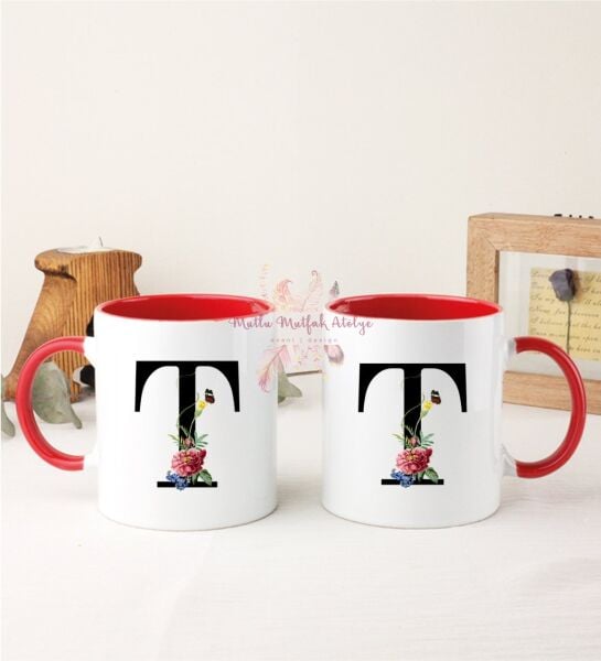T Harfi Çiçek Desenli İkili Kırmızı Kupa Bardak