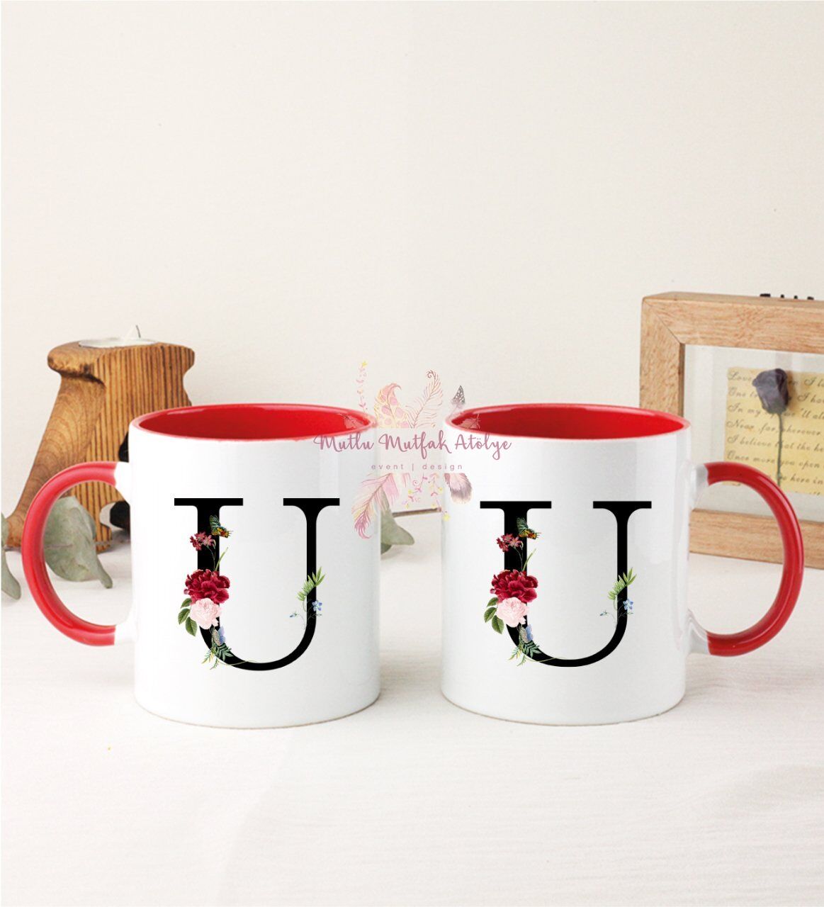 U Harfi Çiçek Desenli İkili Kırmızı Kupa Bardak