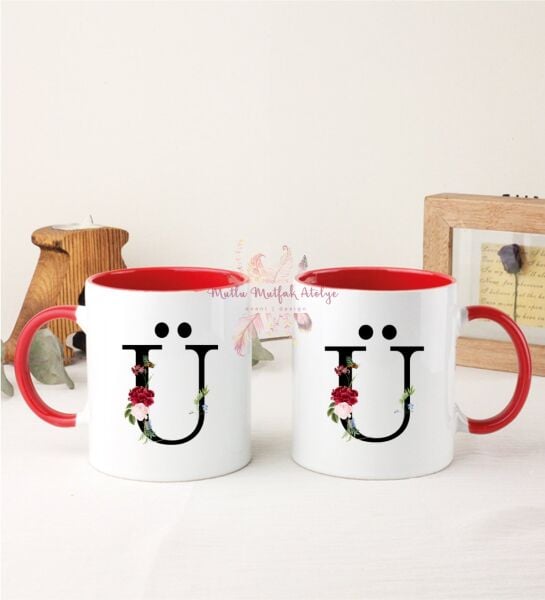 Ü Harfi Çiçek Desenli İkili Kırmızı Kupa Bardak
