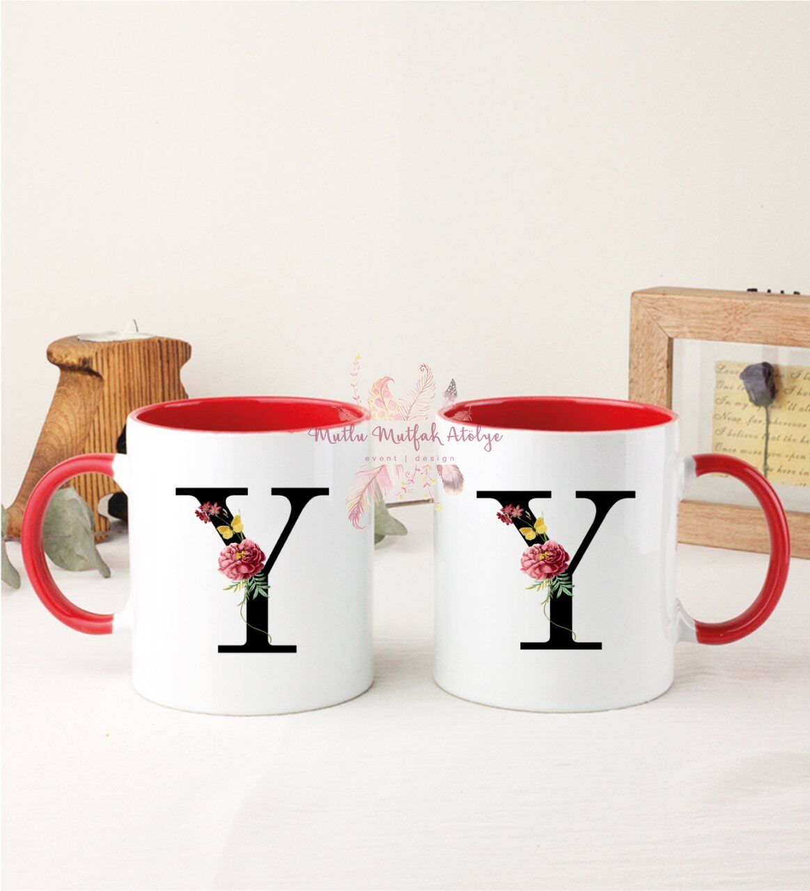 Y Harfi Çiçek Desenli İkili Kırmızı Kupa Bardak
