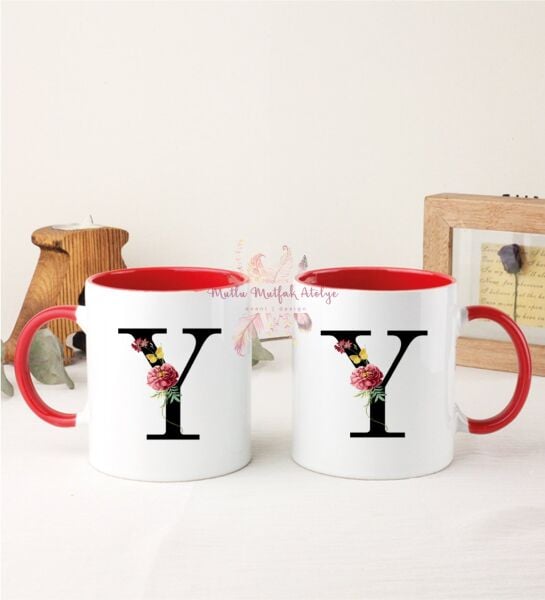 Y Harfi Çiçek Desenli İkili Kırmızı Kupa Bardak