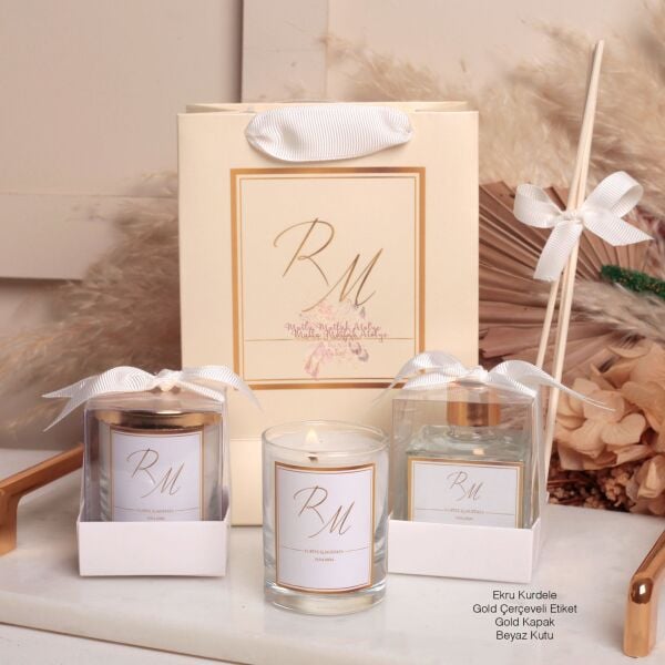 Hediyelik Kokulu Kapaklı Mum, Oda Kokusu ve Baskılı Karton Çanta Seti
