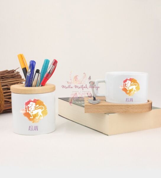 Ahşap Altlıklı Fincan ve Kalemlik Seti  Aslan Burcu