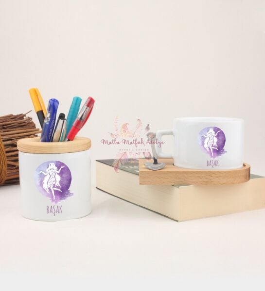 Ahşap Altlıklı Fincan ve Kalemlik Seti  Başak Burcu
