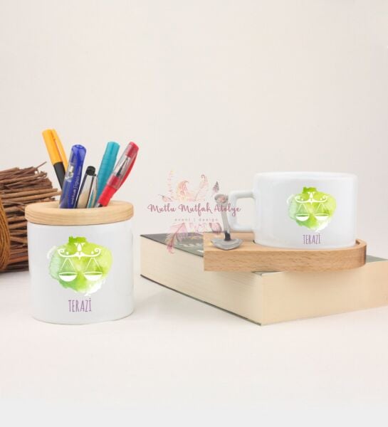 Ahşap Altlıklı Fincan ve Kalemlik Seti  Terazi Burcu