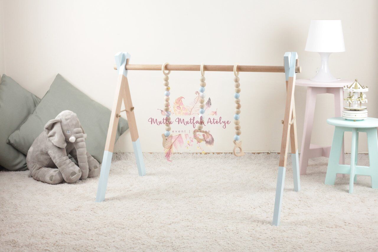 Liye Baby Bebek Mavi Ahşap Oyuncaklı Egzersiz Oyun Alanı 75 cm