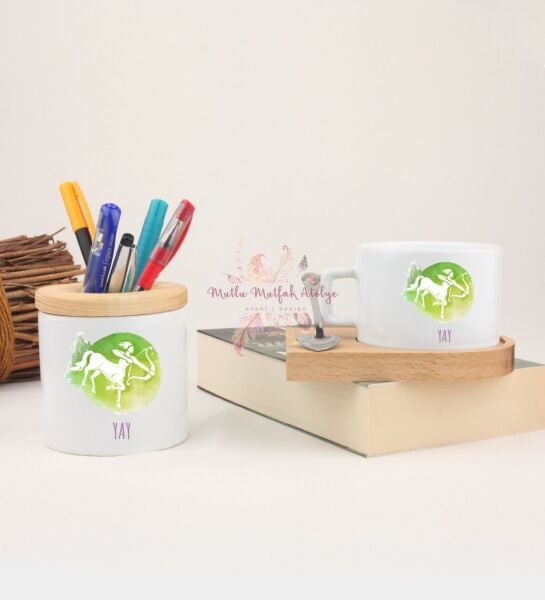 Ahşap Altlıklı Fincan ve Kalemlik Seti  Yay Burcu