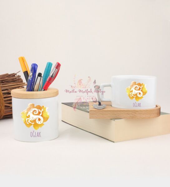 Ahşap Altlıklı Fincan ve Kalemlik Seti  Oğlak Burcu